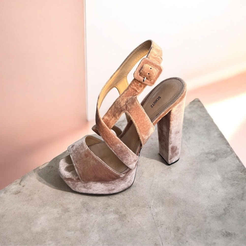 Schutz Libby Pink Velvet Block Heel Sandal